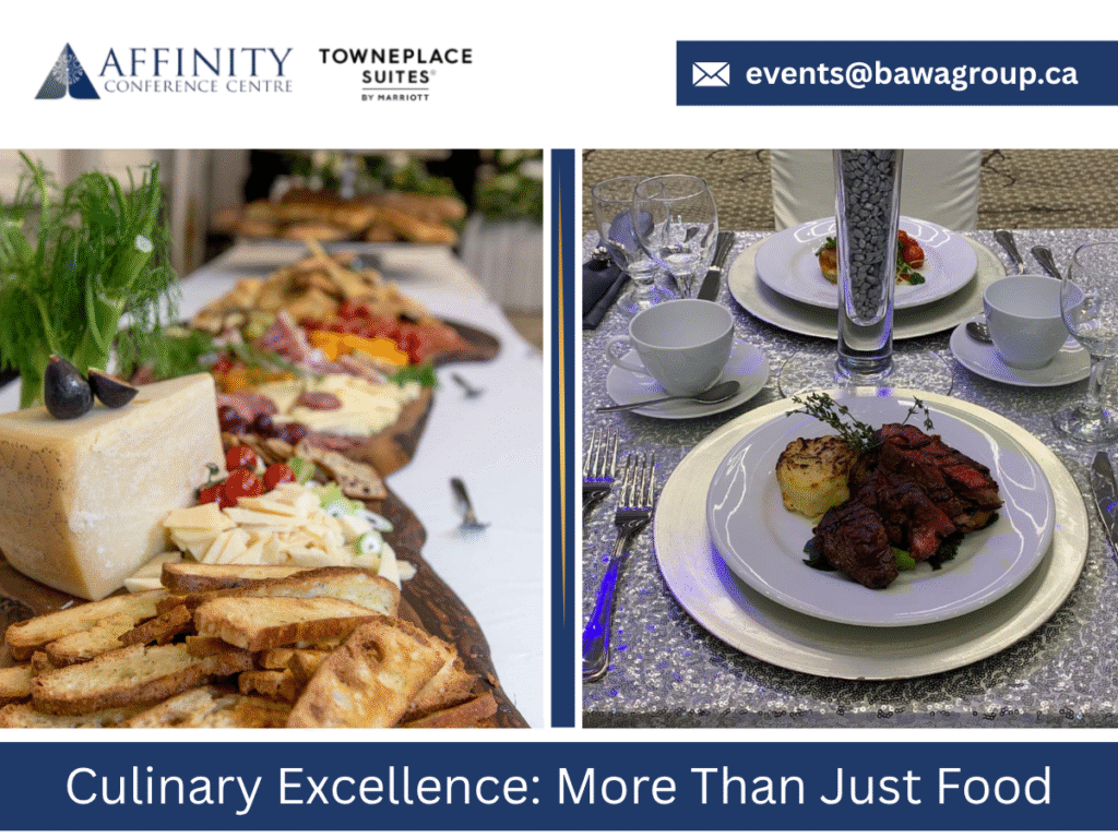 A split image showcasing the culinary excellence at Affinity Conference Centre and Banquet halls Brantford. The left side features a lavish catering spread with cheese, cured meats, and artisan bread, perfect for a Brantford event venue reception. The right side shows a fine dining plate with plated steak and potatoes on an elegant, set table, suitable for weddings halls in Brantford and a grand celebration venue Brantford.