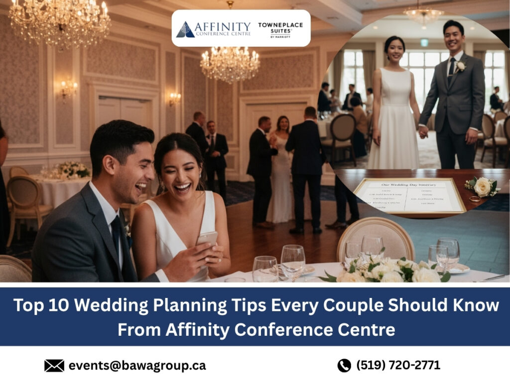 Wedding planning tips blog cover image from Affinity Conference Centre with bride and groom.
