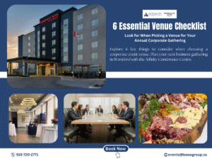 Advertisement for the Affinity Conference Centre, a perfect banquet hall in Brantford for your corporate gathering or a wedding venue in Brantford, showing professional event spaces and catering options. Call the number or email for booking. Keywords: conference centre in Brantford.