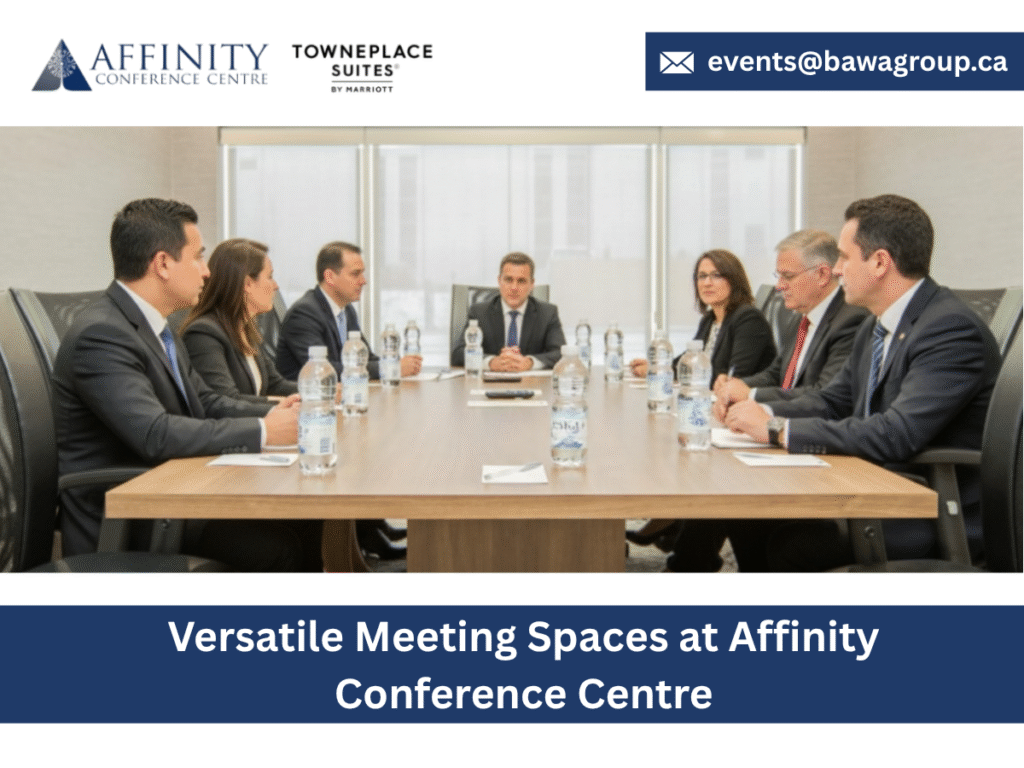 A professional boardroom meeting at the Affinity Conference Centre, showing executives collaborating around a modern table. This highlights the versatile meeting spaces and professional corporate meeting rooms available at this top conference centre in Brantford.