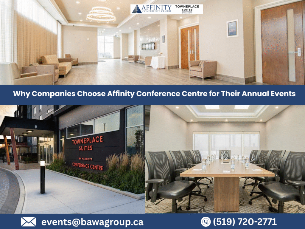 Modern lobby and executive boardroom at Affinity Conference Centre, the best conference centre in Brantford for corporate events. The image also features the exterior sign for TownePlace Suites by Marriott and Conference Centre, highlighting the convenient on-site hotel accommodations for successful corporate events.