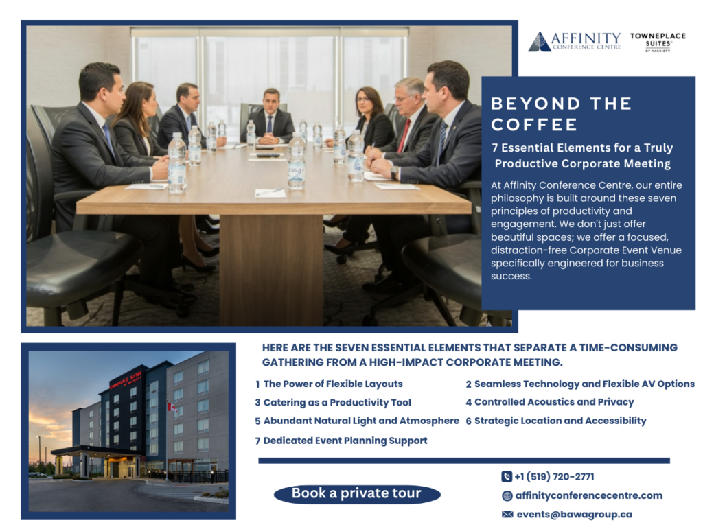 Advertising graphic for Affinity Conference Centre's blog, "Beyond the Coffee: 7 Essential Elements." The image features a business meeting in a bright, naturally lit conference meeting space near me, detailing the seven pillars of productivity. The visual confirms the venue's accessibility with an exterior shot of the partner hotel, positioning Affinity as the leading event venue in Brantford for high-impact corporate events.