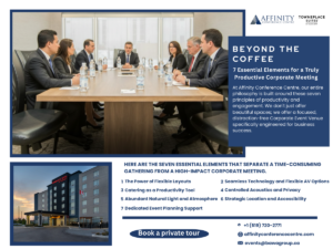 Advertising graphic for Affinity Conference Centre's blog, "Beyond the Coffee: 7 Essential Elements." The image features a business meeting in a bright, naturally lit conference meeting space near me, detailing the seven pillars of productivity. The visual confirms the venue's accessibility with an exterior shot of the partner hotel, positioning Affinity as the leading event venue in Brantford for high-impact corporate events.