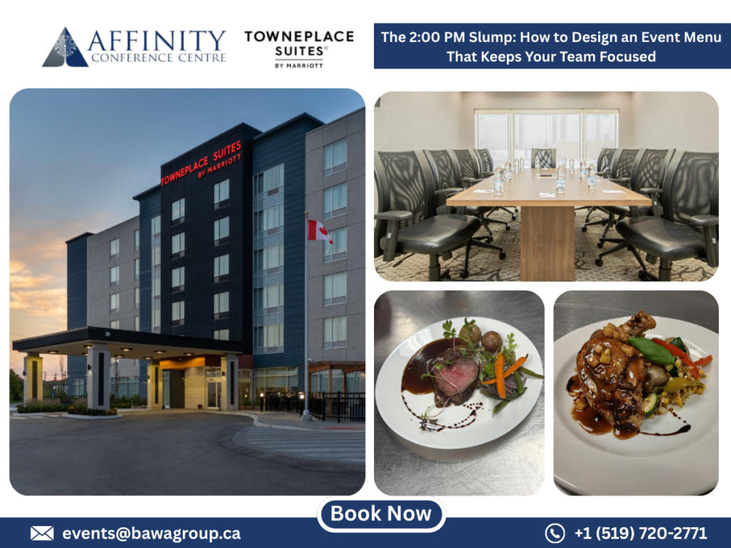 Affinity Conference Centre exterior, boardroom, and healthy event catering for productive Brantford corporate meetings.