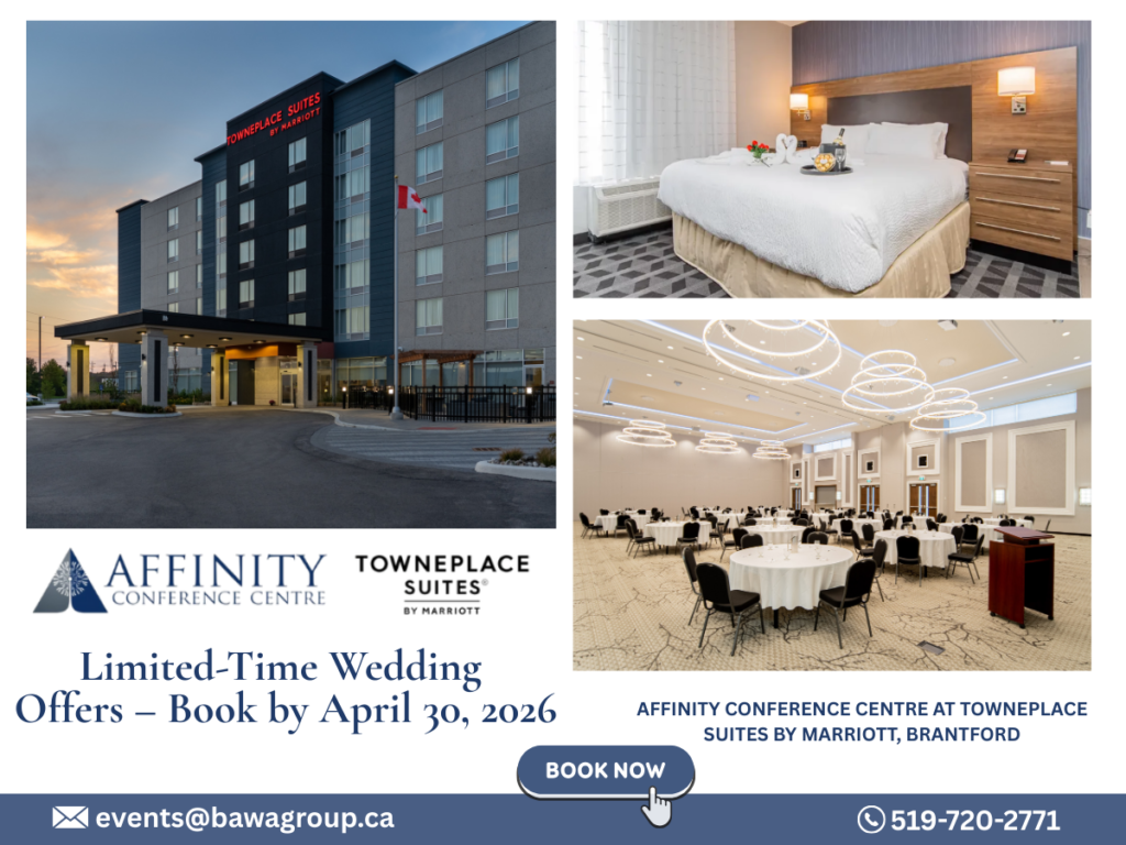 Wedding banquet hall in Brantford at Affinity Conference Centre: Limited-time 2026/2027 wedding booking offers.