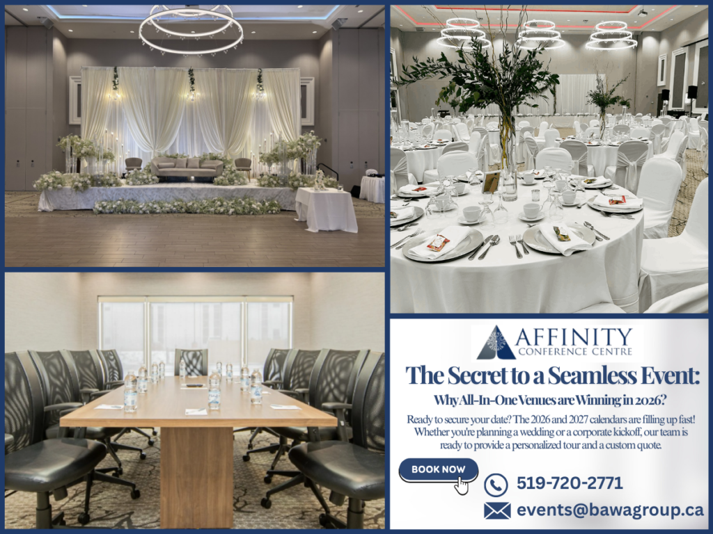 Affinity Conference Centre banquet hall and boardroom for 2026 events. Book weddings and corporate meetings in Brantford.