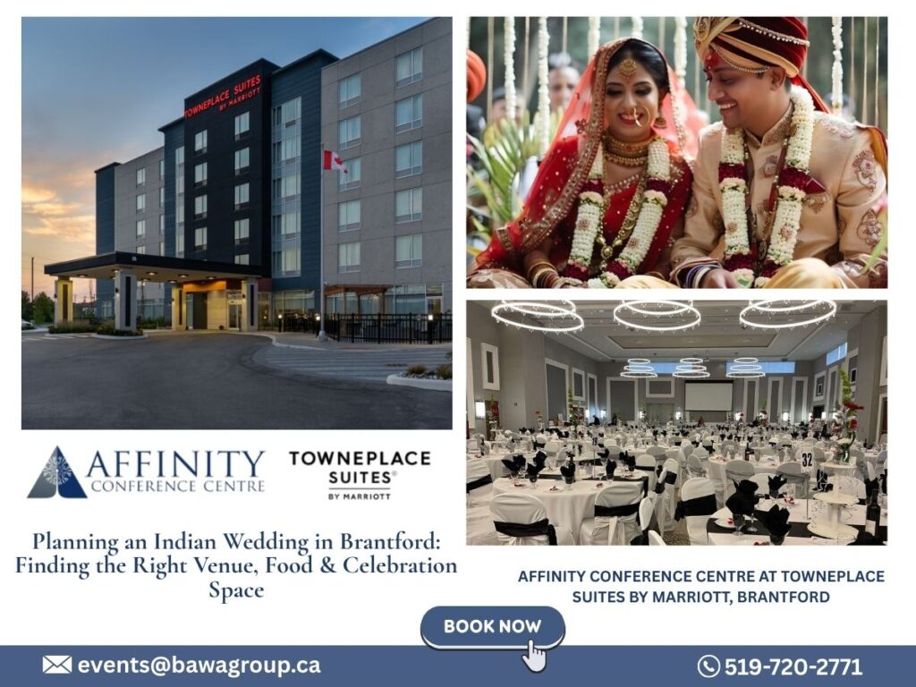 Elegant Indian wedding setup at a banquet hall in Brantford with cultural décor and customized catering.
