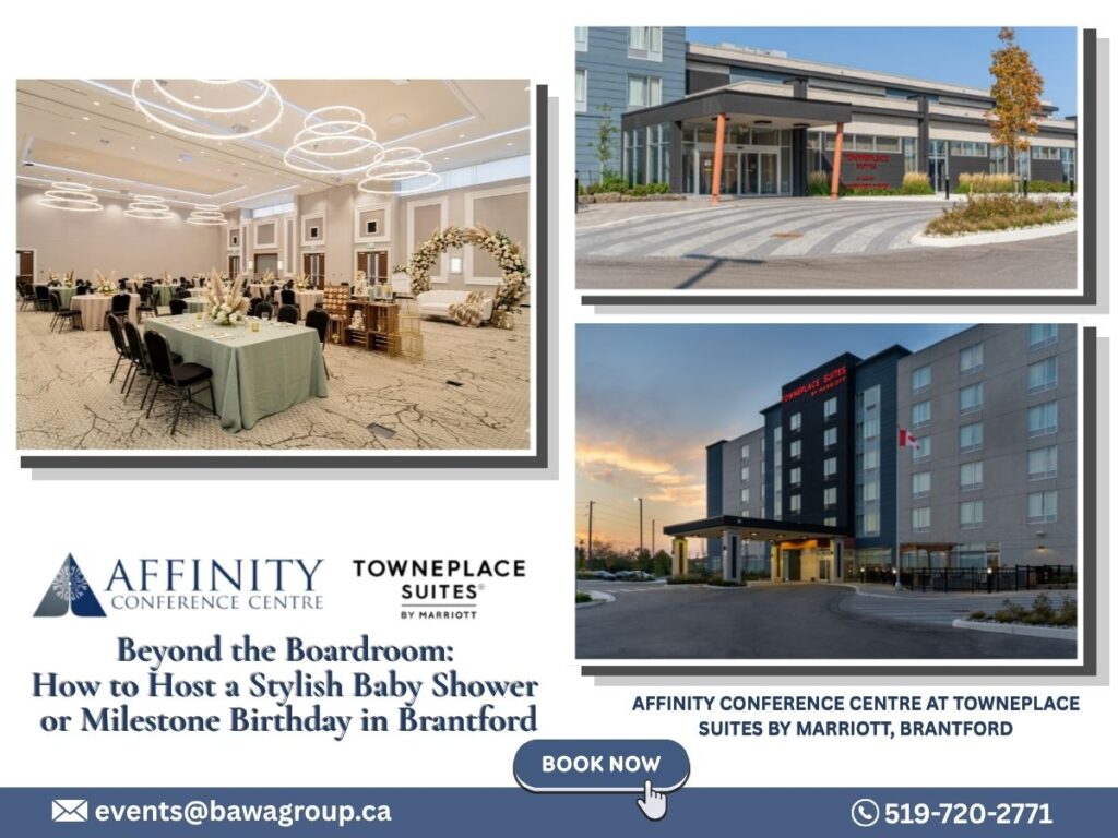 Affinity Brantford ballroom with a baby shower arch, the venue exterior, and contact information.