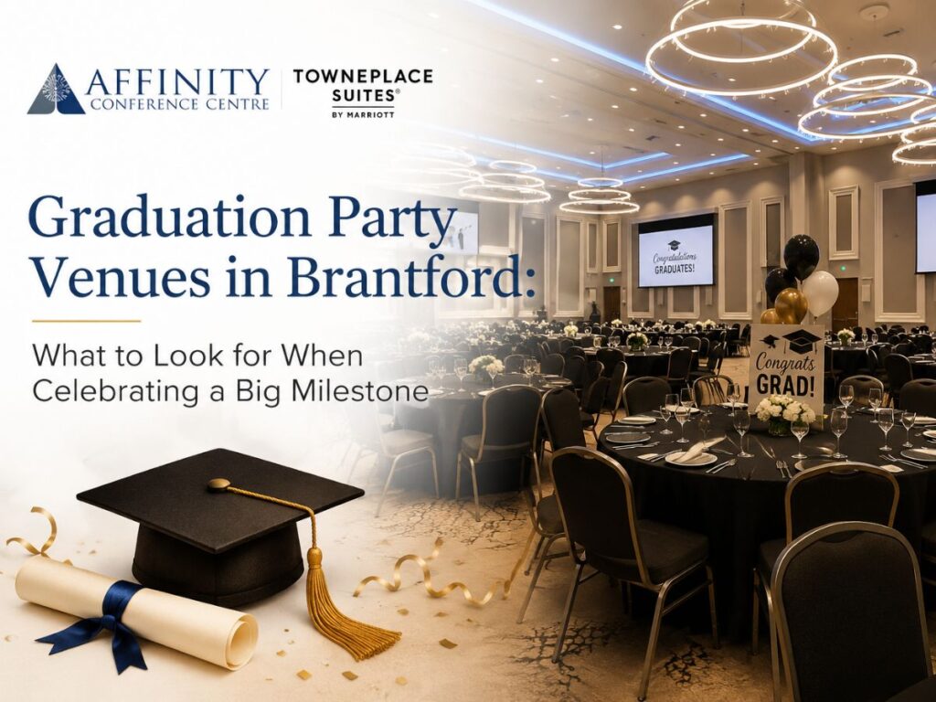 Graduation party venues in Brantford at Affinity Conference Centre banquet hall setup for milestone celebrations.