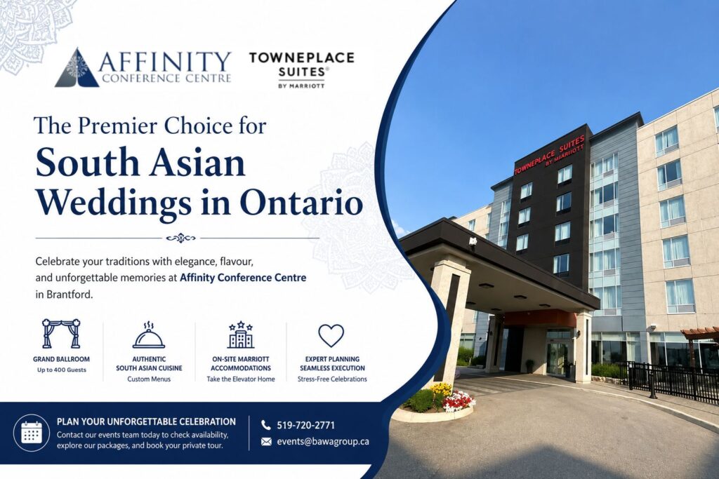 South Asian wedding venue in Brantford Ontario — Grand Ballroom and Marriott accommodations at Affinity Conference Centre