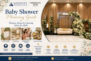 Elegant 2026 baby shower décor with floral arch and pastel tablescape at Affinity Conference Centre in Brantford