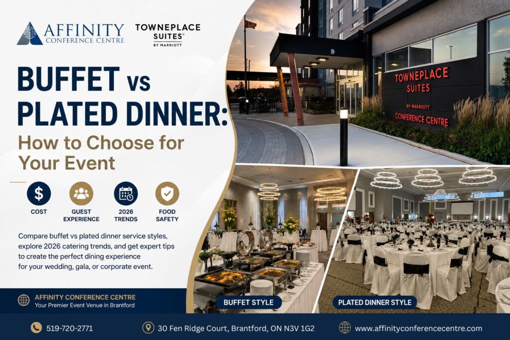 Elegant fundraiser gala venue setup at Affinity Conference Centre and TownePlace Suites in Brantford.
