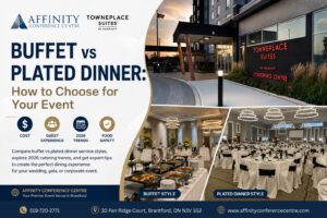 Elegant fundraiser gala venue setup at Affinity Conference Centre and TownePlace Suites in Brantford.
