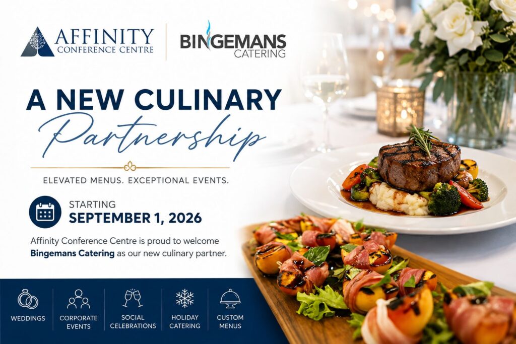 Affinity Conference Centre and Bingemans Catering new culinary partnership announcement, Brantford ON