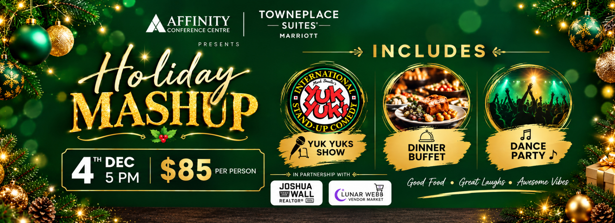Holiday Mashup on Dec 4 at 5 PM, $85: Yuk Yuks comedy show, dinner buffet, and dance party.